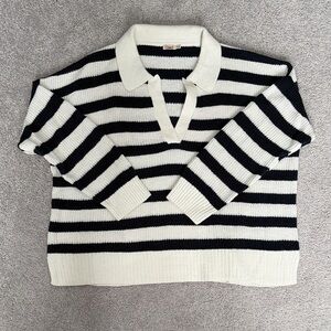 Faherty Blue and White Striped V-Neck Sweater